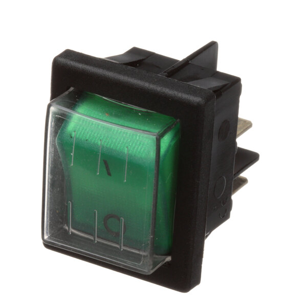 An Alfa green rocker switch with a white plastic cover.