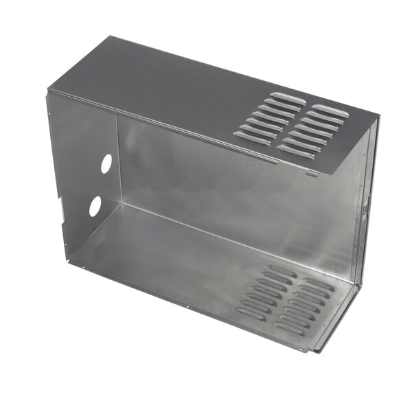 A stainless steel metal box with holes.