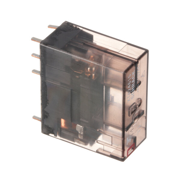 A black Besco 8 amp relay with clear plastic cover.