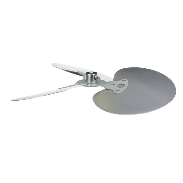 A silver circular propeller with metal blades.