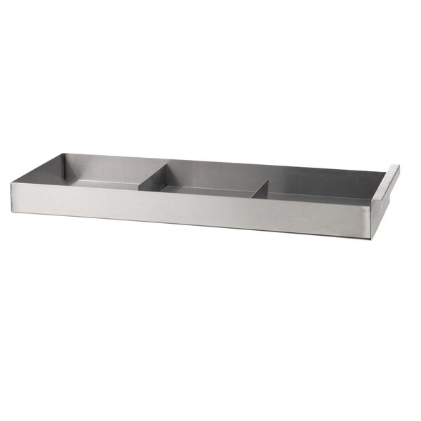 A silver rectangular Garland grease pan assembly with three compartments.