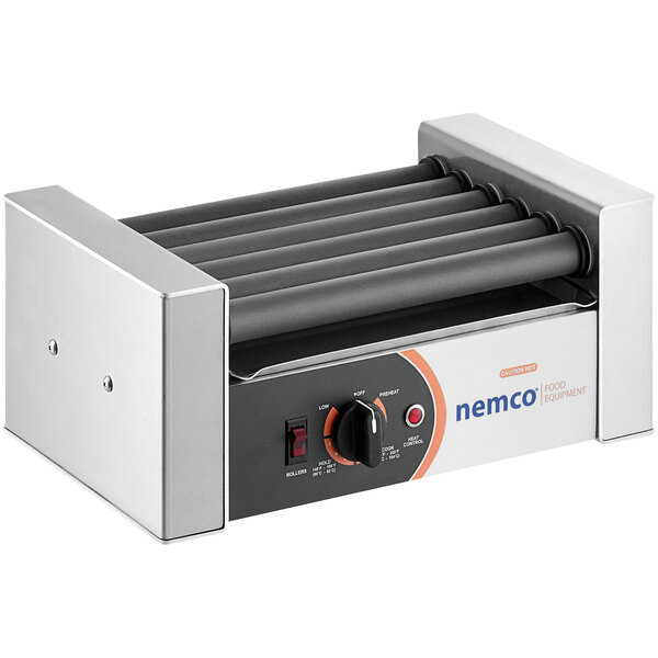 A Nemco hot dog roller grill with three rollers.