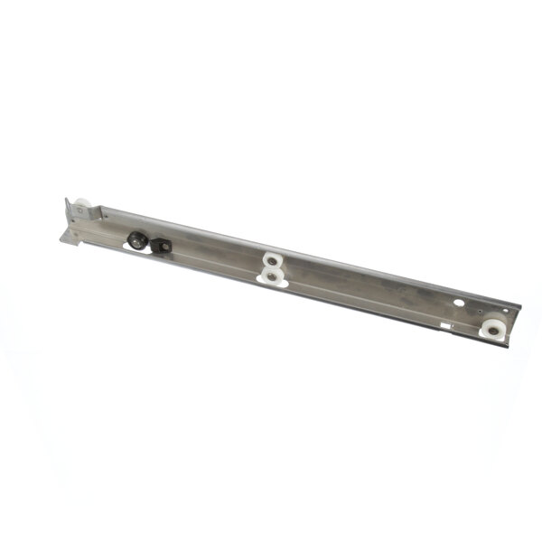 A Silver King metal drawer slide for an ice cream freezer with two holes on it.