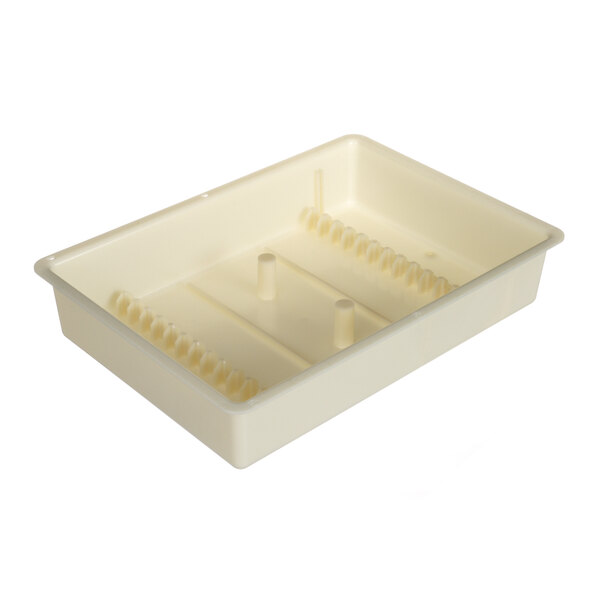 A white rectangular plastic container with holes.