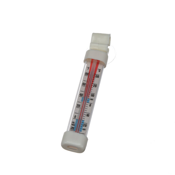 A Taylor thermometer with a red and blue scale in a white plastic case.