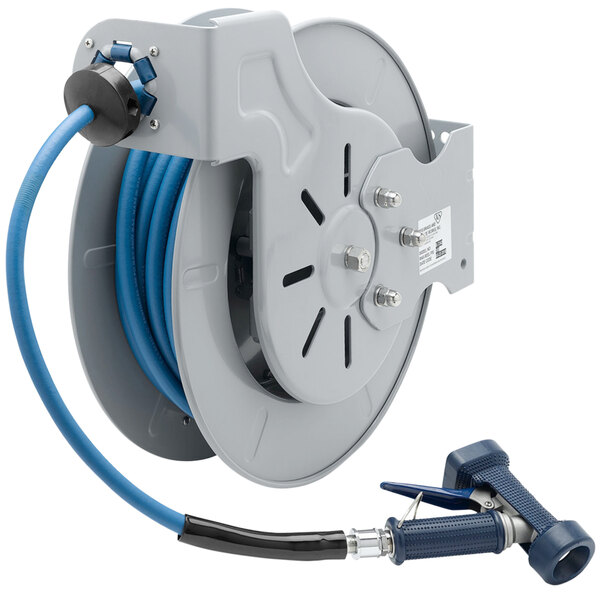 A T&S blue hose reel with a hose attached.