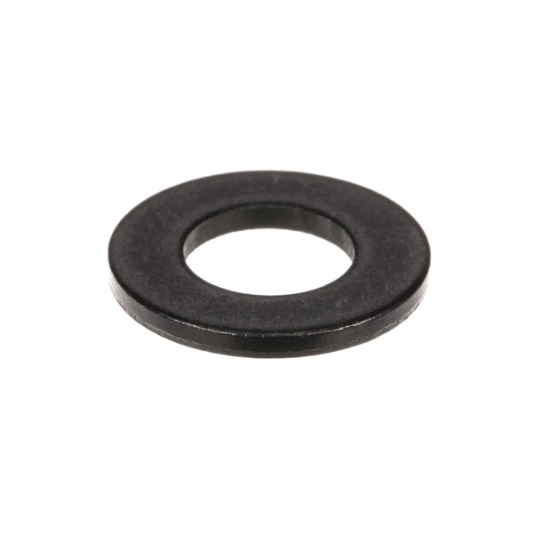 A black round metal washer with a hole in the middle.