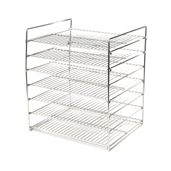 A silver metal Hatco rack with four shelves.