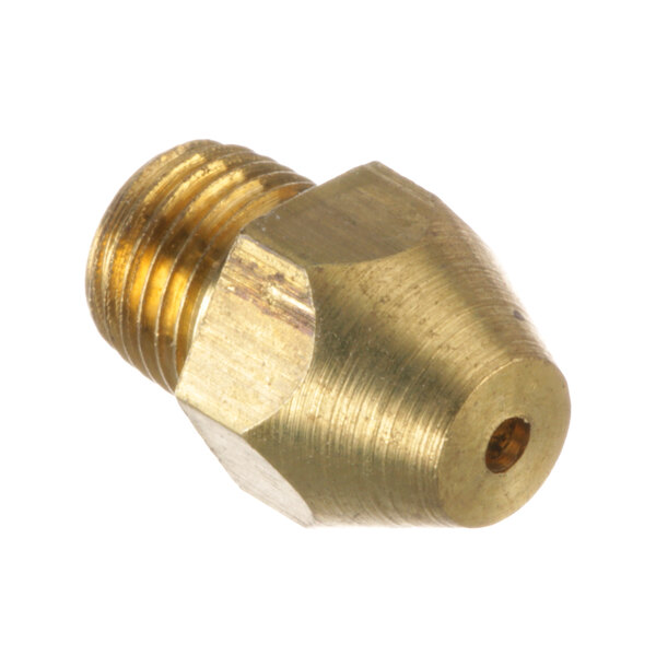 A close-up of a brass threaded nozzle with a small hole.