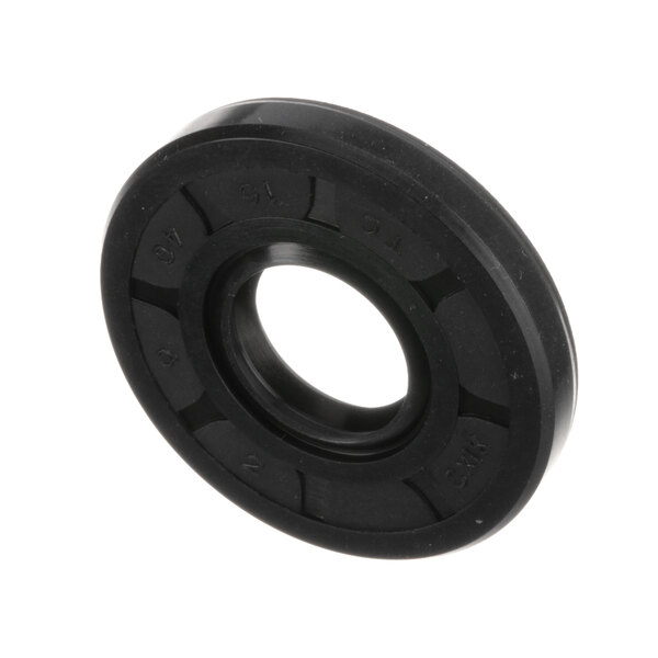 A black round rubber oil seal with a hole in the middle.