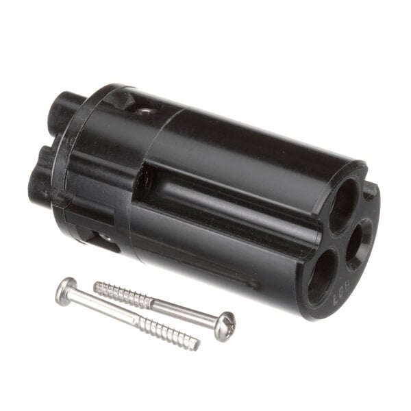 A black plastic Hubbell cylinder with metal screws.