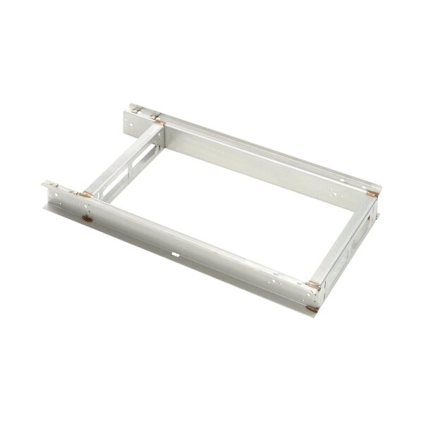 A metal drawer pan frame for Traulsen refrigeration equipment with holes in a white metal frame.