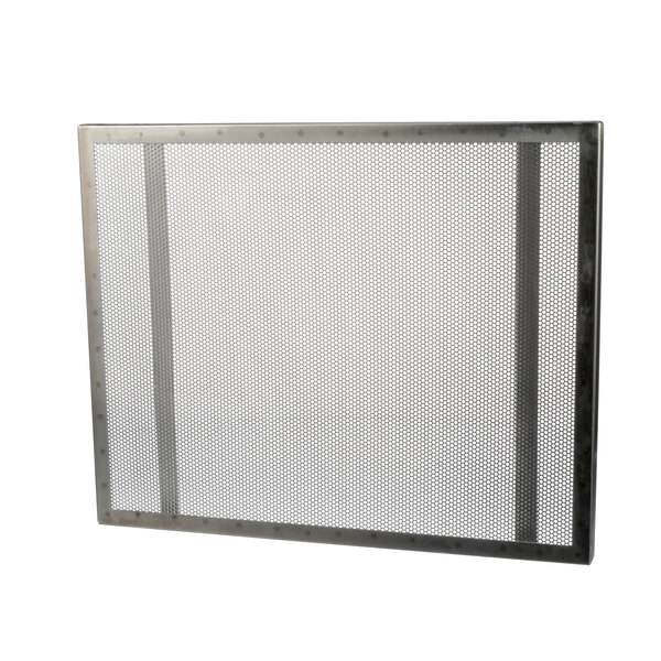 A metal mesh screen with holes.
