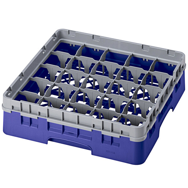 A navy blue and grey plastic Cambro glass rack with 25 compartments.