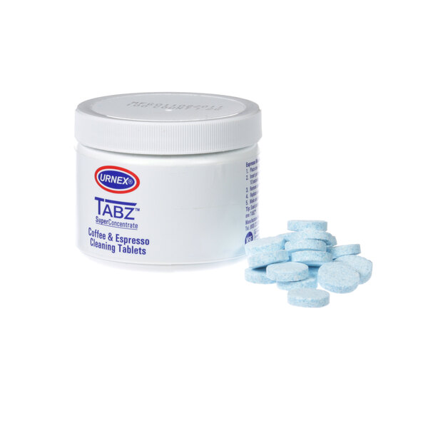 A white container with a lid filled with blue UNIC 35560 cleaner tablets.