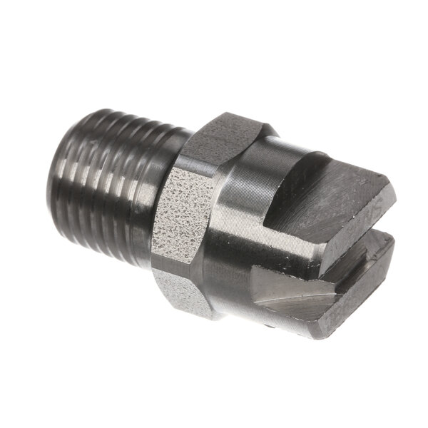A close-up of a stainless steel threaded pipe fitting for a Jackson Top Spray Nozzle.