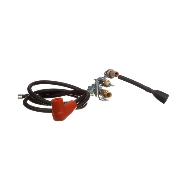 A black wire with a red tip and a hose with a red valve and a black hose.