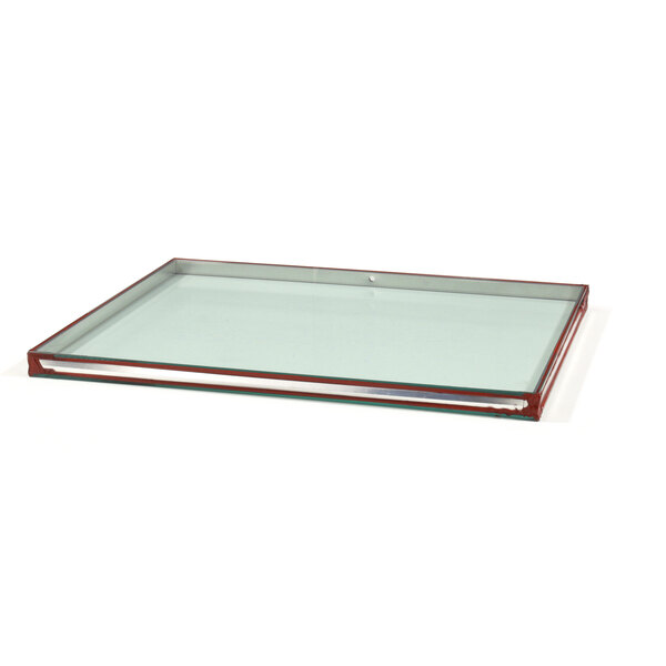 A rectangular double pane glass window with red trim.