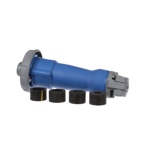 A blue plastic Hubbell pin with black rubber cylinders.