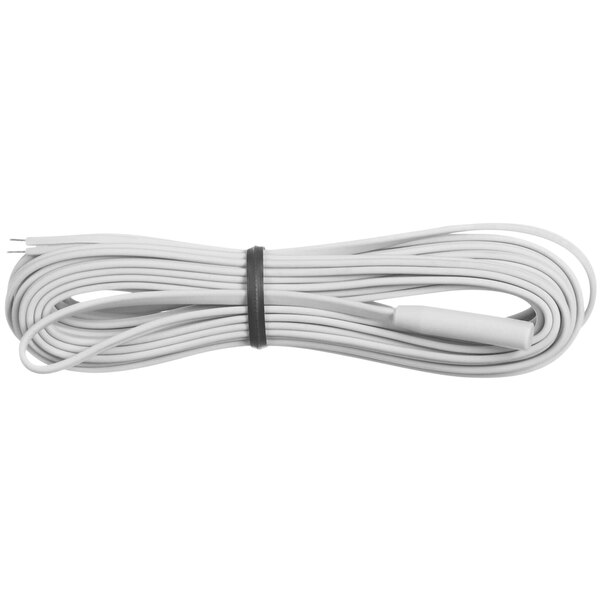 A white cable with a black wire on it.