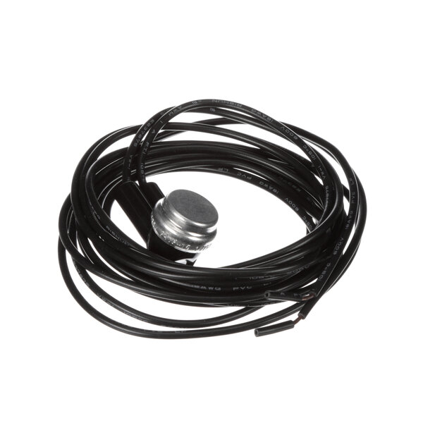 A black wire with a silver object on it.