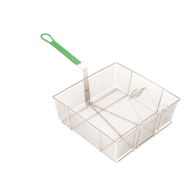 A wire basket for a Frymaster fryer with a green handle.