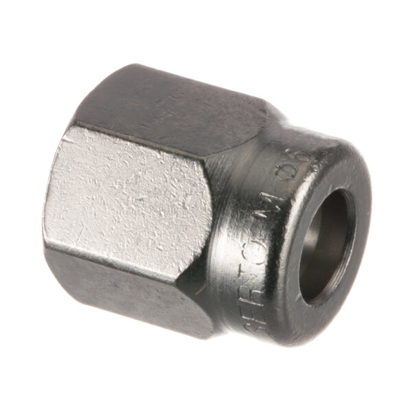 A metal Schaerer coupling nut with threads.