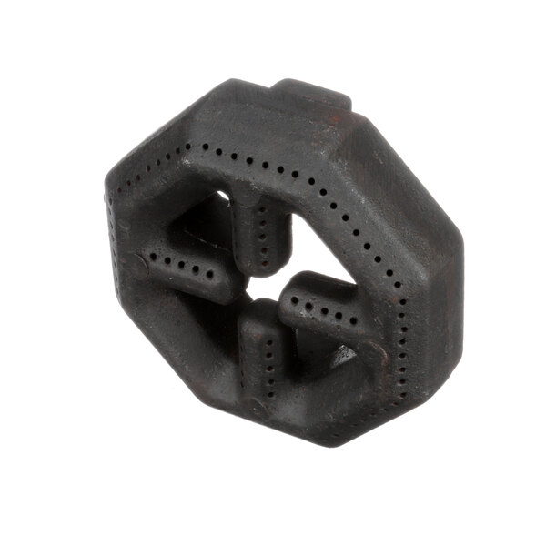 A black metal hexagon-shaped burner head with holes.
