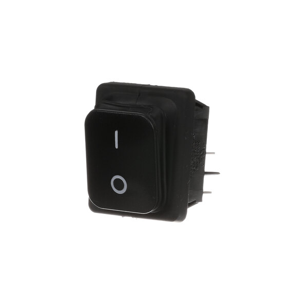 A black rocker switch with a white circle on the center.