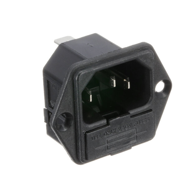 A black electrical plug with two holes on one end.