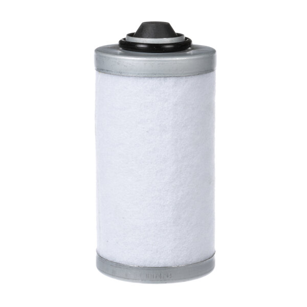 A white canister with a black lid and a black and white VacMaster exhaust filter inside.