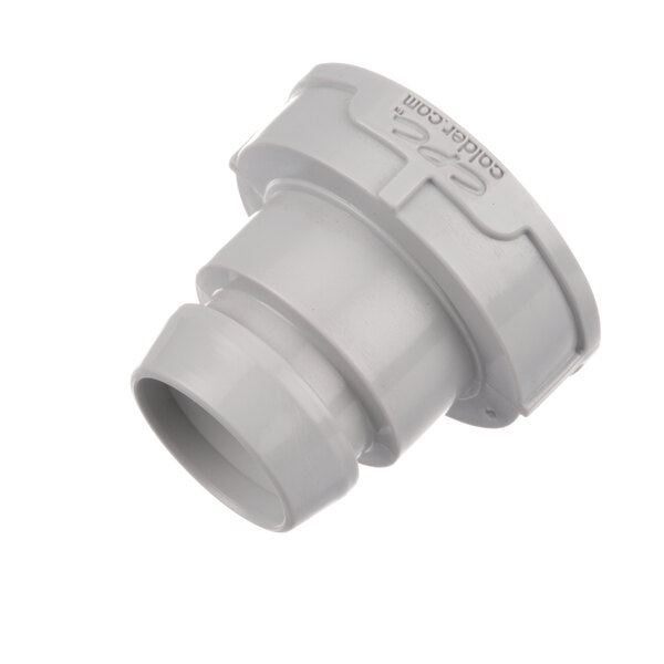 A close-up of a grey plastic pipe connector on a white background.