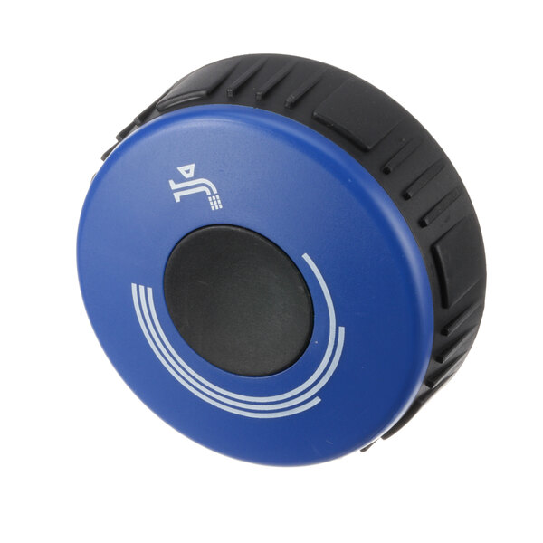 A blue and black circular knob with a black circle on it.