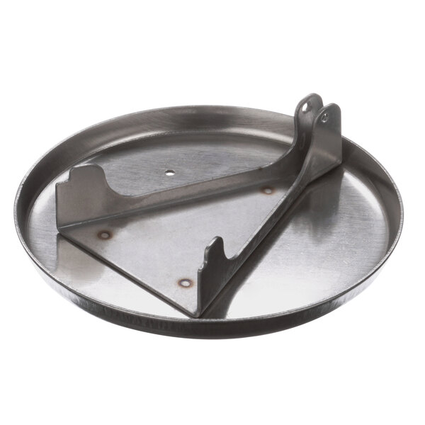 A Stero overflow funnel cap metal plate with two holes in it.