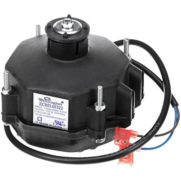 A black Frigoglass condenser fan motor with wires.