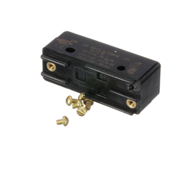 A black plastic Sterling switch with gold screws and nuts.