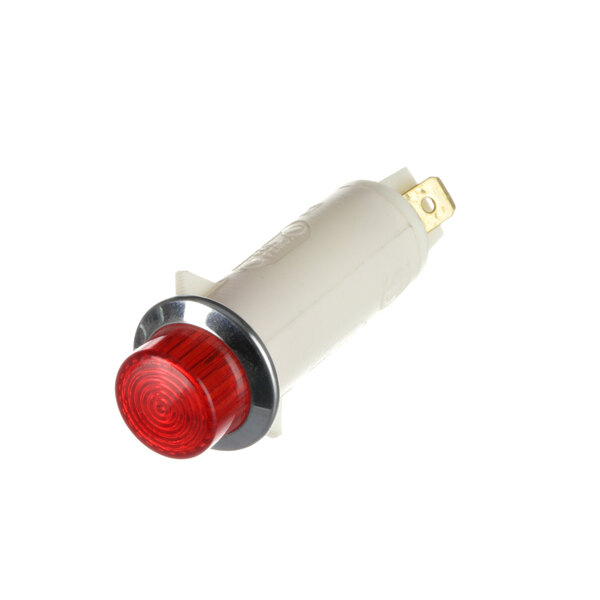 A white light with red trim on a white surface.