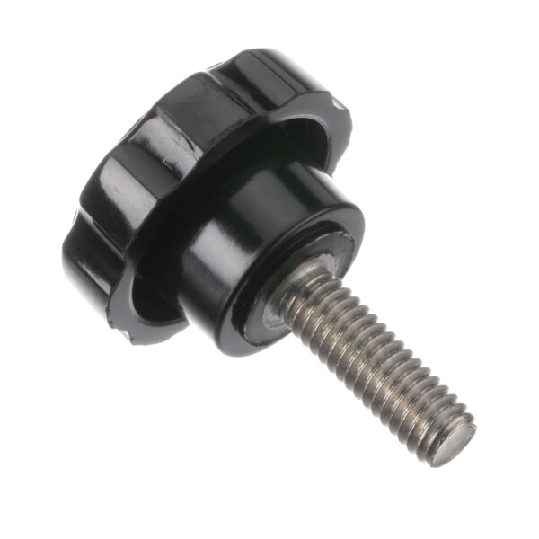 A close-up of a black plastic screw with a knob on a white background.