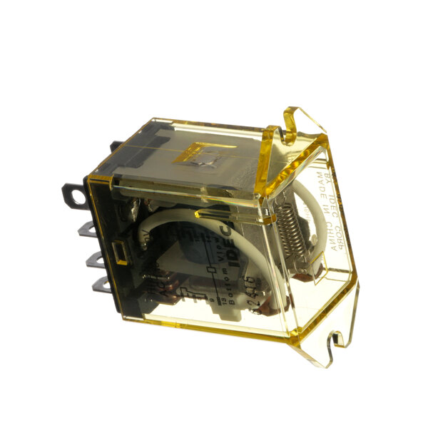 A close-up of a yellow and black VacMaster Relay device.