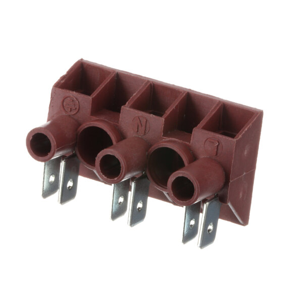 A brown Equipex 3 position terminal block with metal terminals.