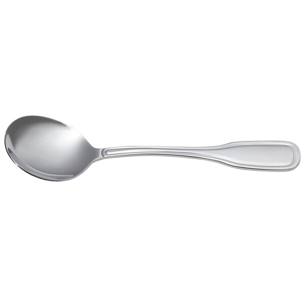 An Arcoroc stainless steel bouillon spoon with a silver handle and spoon.