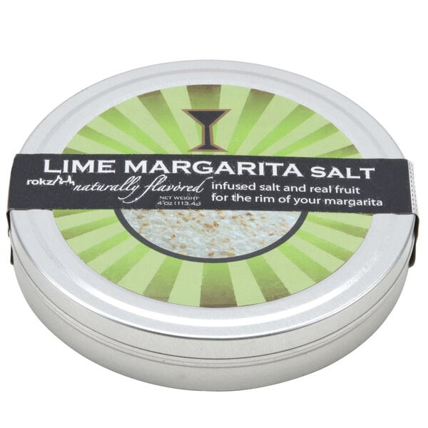 A round metal tin of Rokz Natural Lime Margarita Infused Cocktail Rimming Salt with a label.