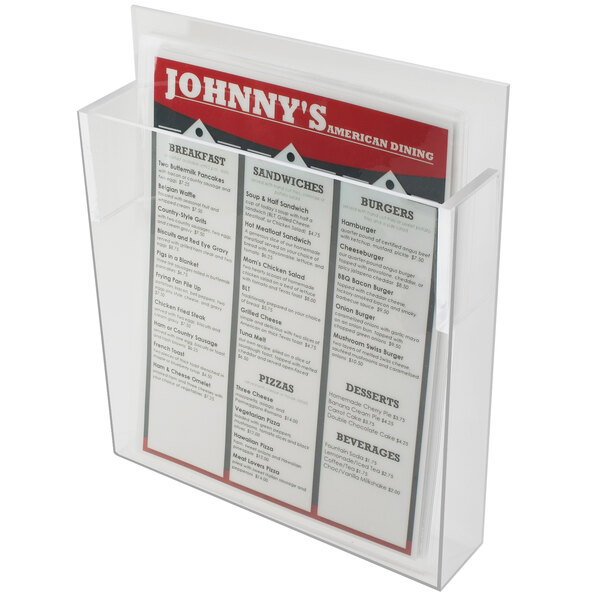 A clear plastic holder with menus on a wall.