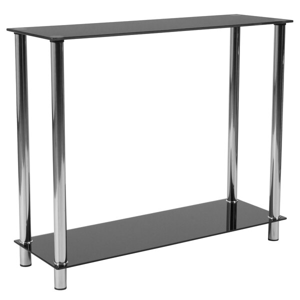 Flash Furniture HG-112350-GG Riverside 35 1/5" x 11 3/4" x 29 3/4" Black Glass Console Table with Shelves and Stainless Steel Frame