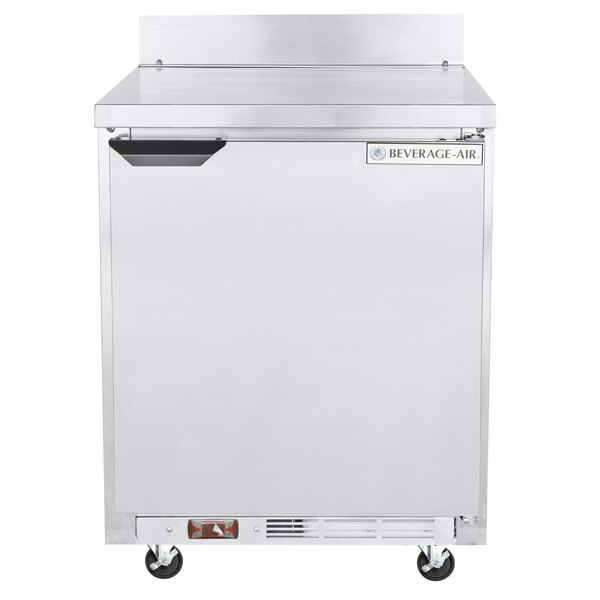 A white Beverage-Air worktop freezer with a stainless steel top and a door.