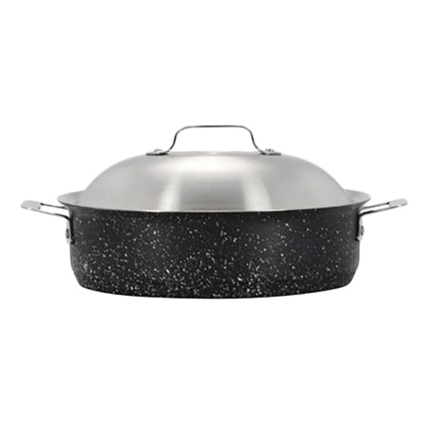 A black and silver Bon Chef Cucina saute pan with a lid.