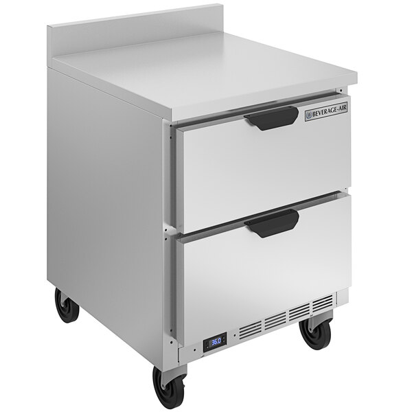A stainless steel Beverage-Air worktop refrigerator with two drawers.