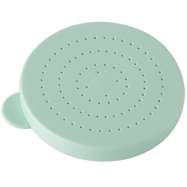 A green circular Tablecraft cheese shaker lid with a circular pattern of small holes.