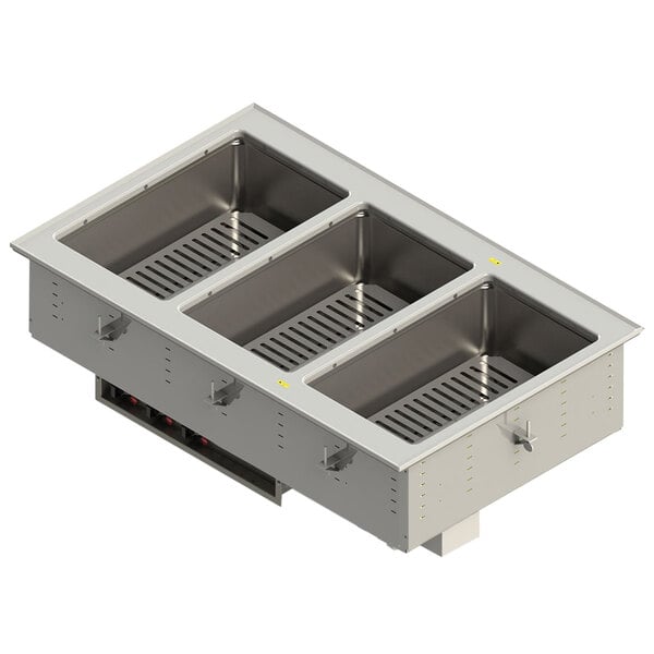 A Vollrath stainless steel drop-in hot food well with three compartments.