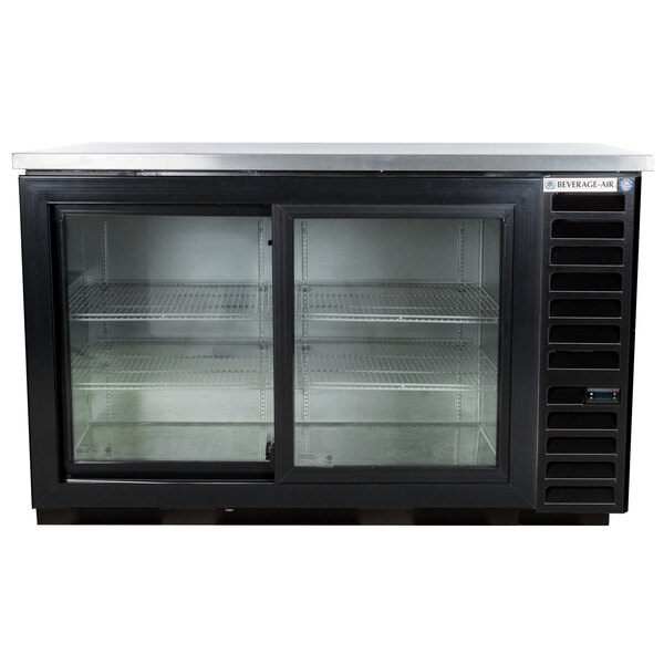 A black Beverage-Air back bar refrigerator with sliding glass doors.